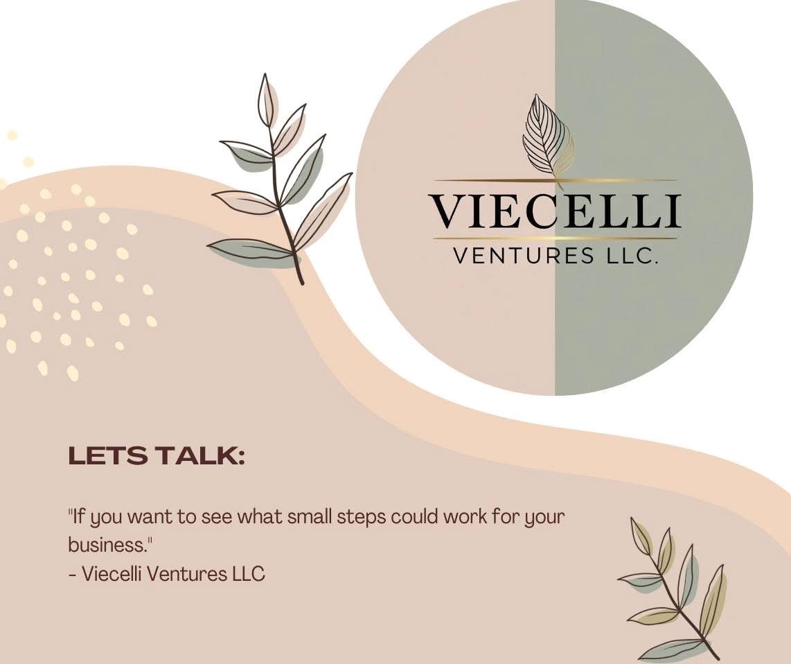 Logo with leaves and text for Viecelli Ventures LLC, with a speech bubble and decorative elements.