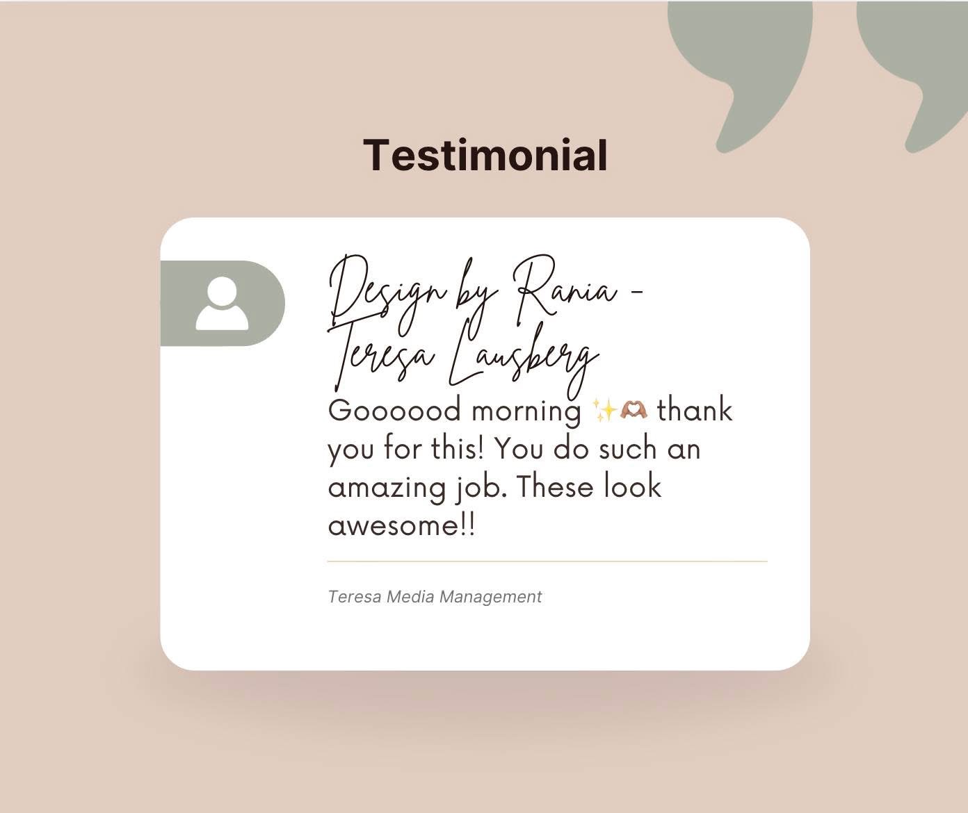 Testimonial with handwritten and typed text, user icon, and beige background.