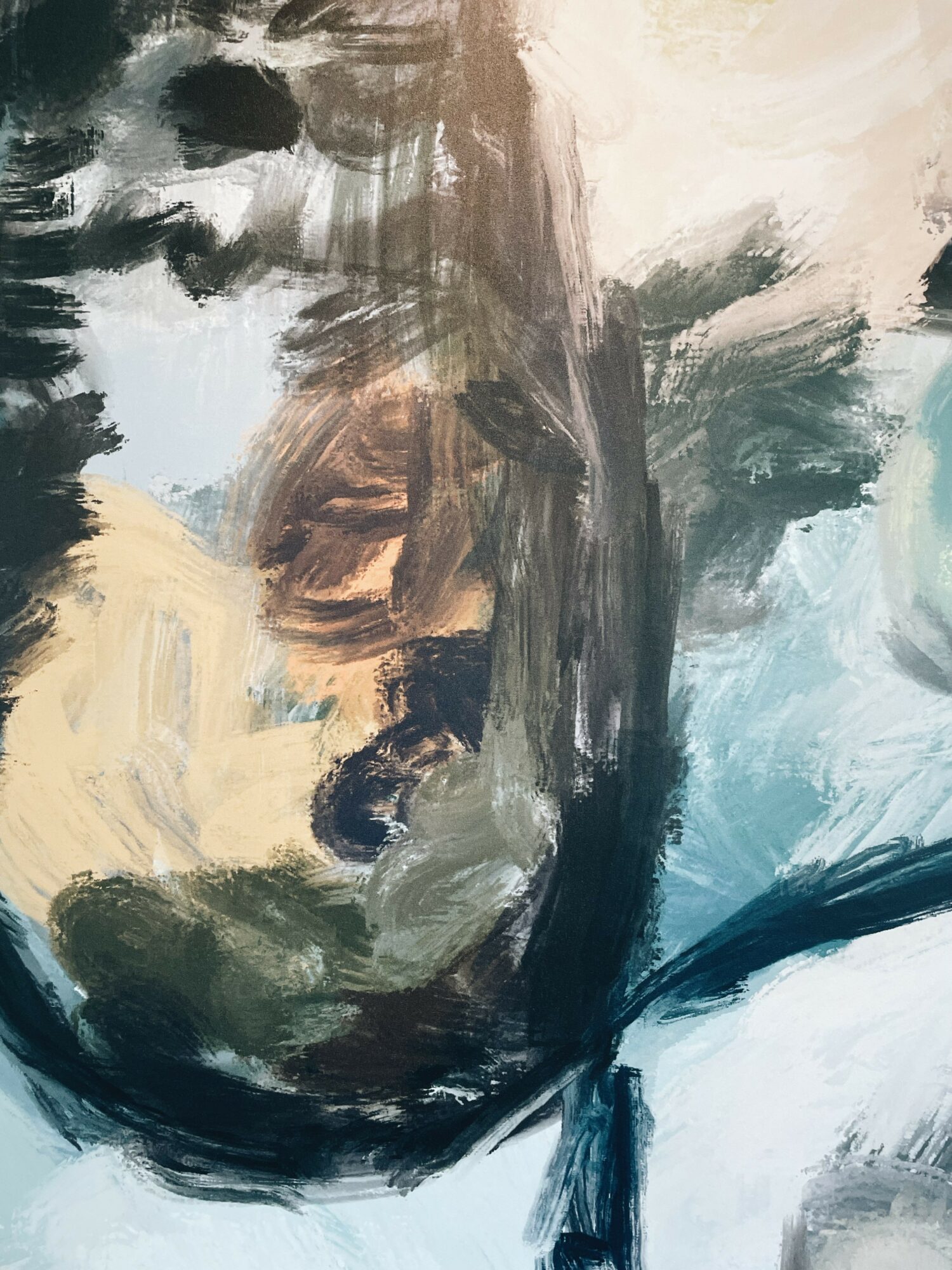 Abstract painting with dark and light brushstrokes, featuring a central vertical dark streak and swirling colors.