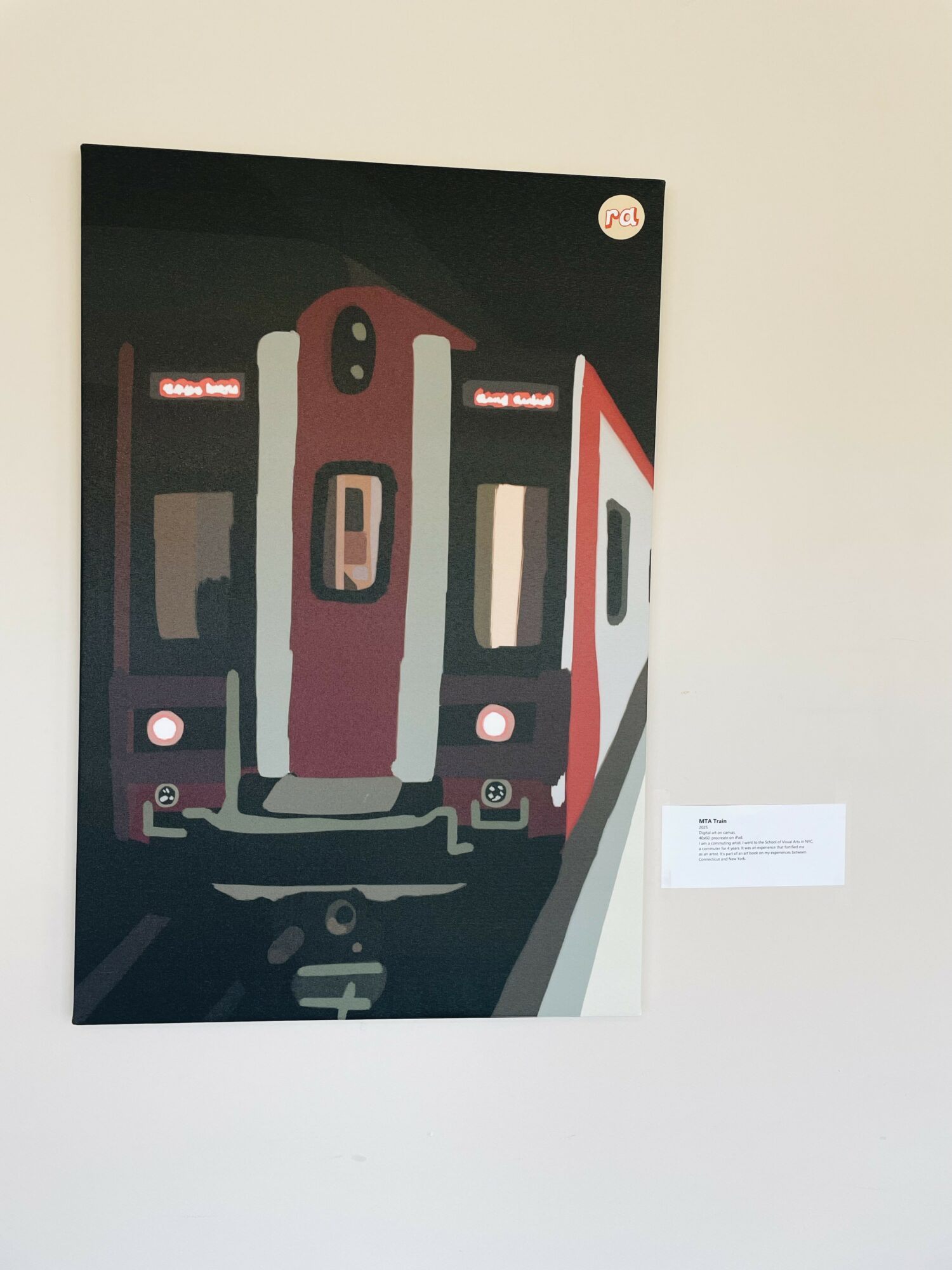 Abstract painting of a train with red, white, and black colors on a beige wall.