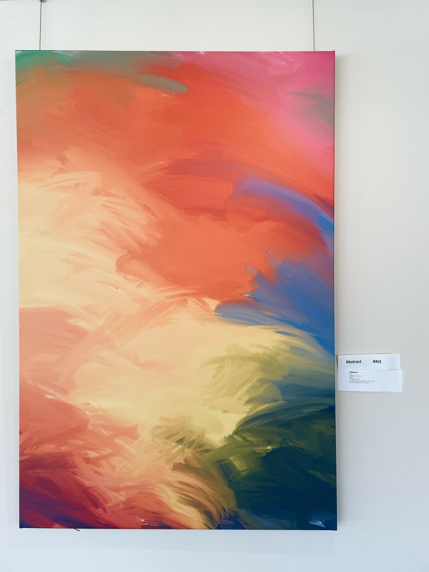 Abstract painting with swirling colors including red, orange, pink, blue, green, and beige.
