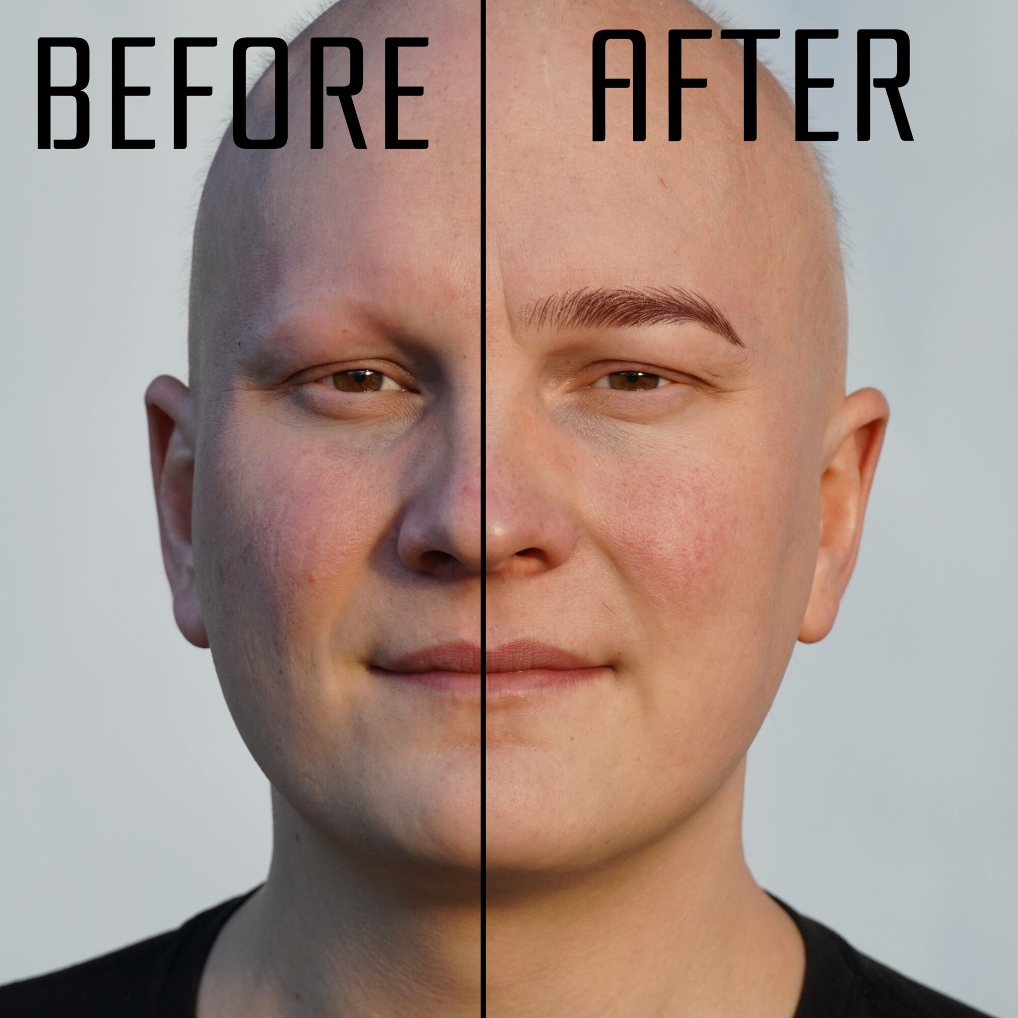Side-by-side comparison of a person before and after hair removal, showing a clean-shaven face.