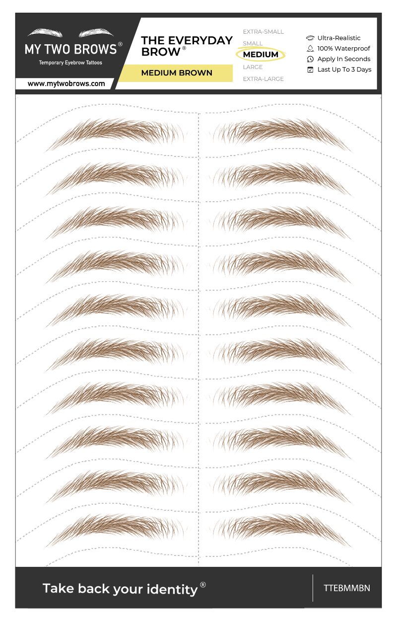 Collection of eyebrow samples labeled medium brown, arranged in rows on a white background.