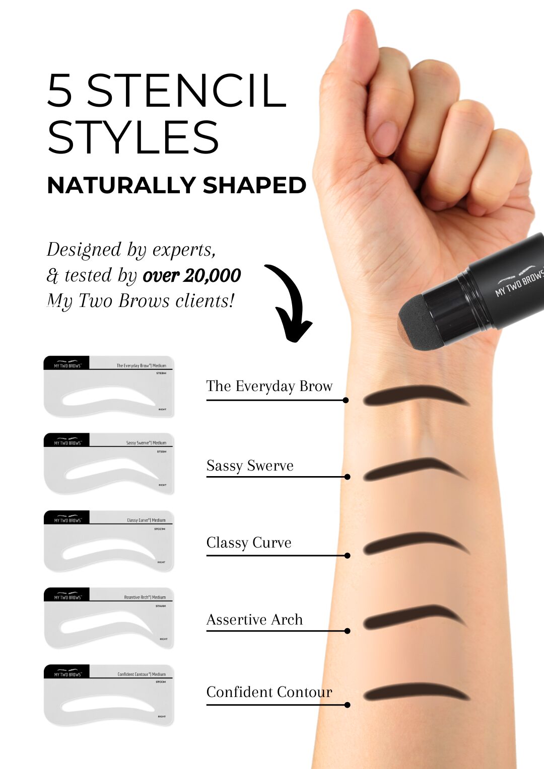 Hand holding a brow pencil with five different stencil styles for eyebrows displayed vertically.