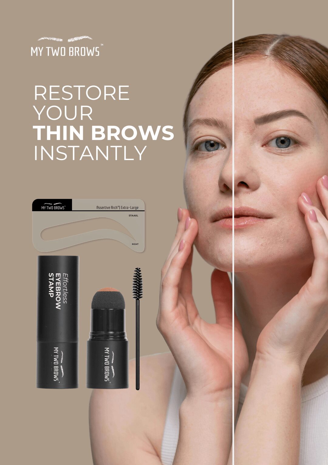 Advertisement showing a woman with half her face before and after eyebrow treatment, with eyebrow product images on the left.