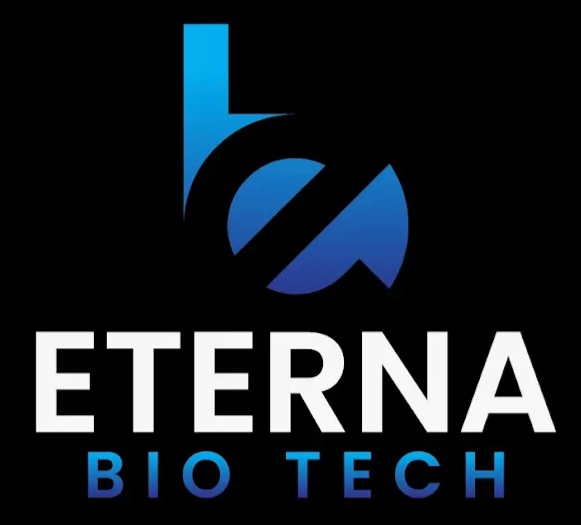 Logo with stylized blue and black symbol above the words 'ETERNAL BIO TECH' in white and blue text.