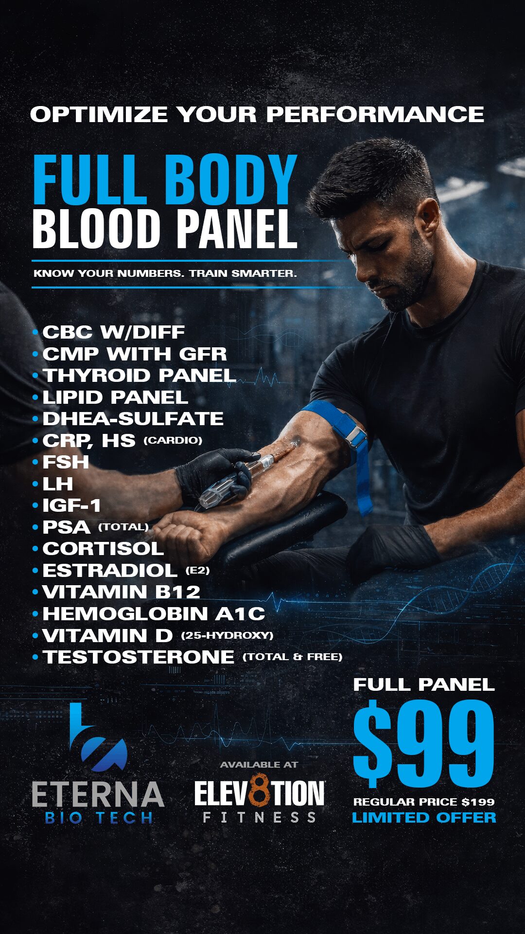 Promotional poster for a full body blood panel test, showing a man in workout attire, with pricing and test details.