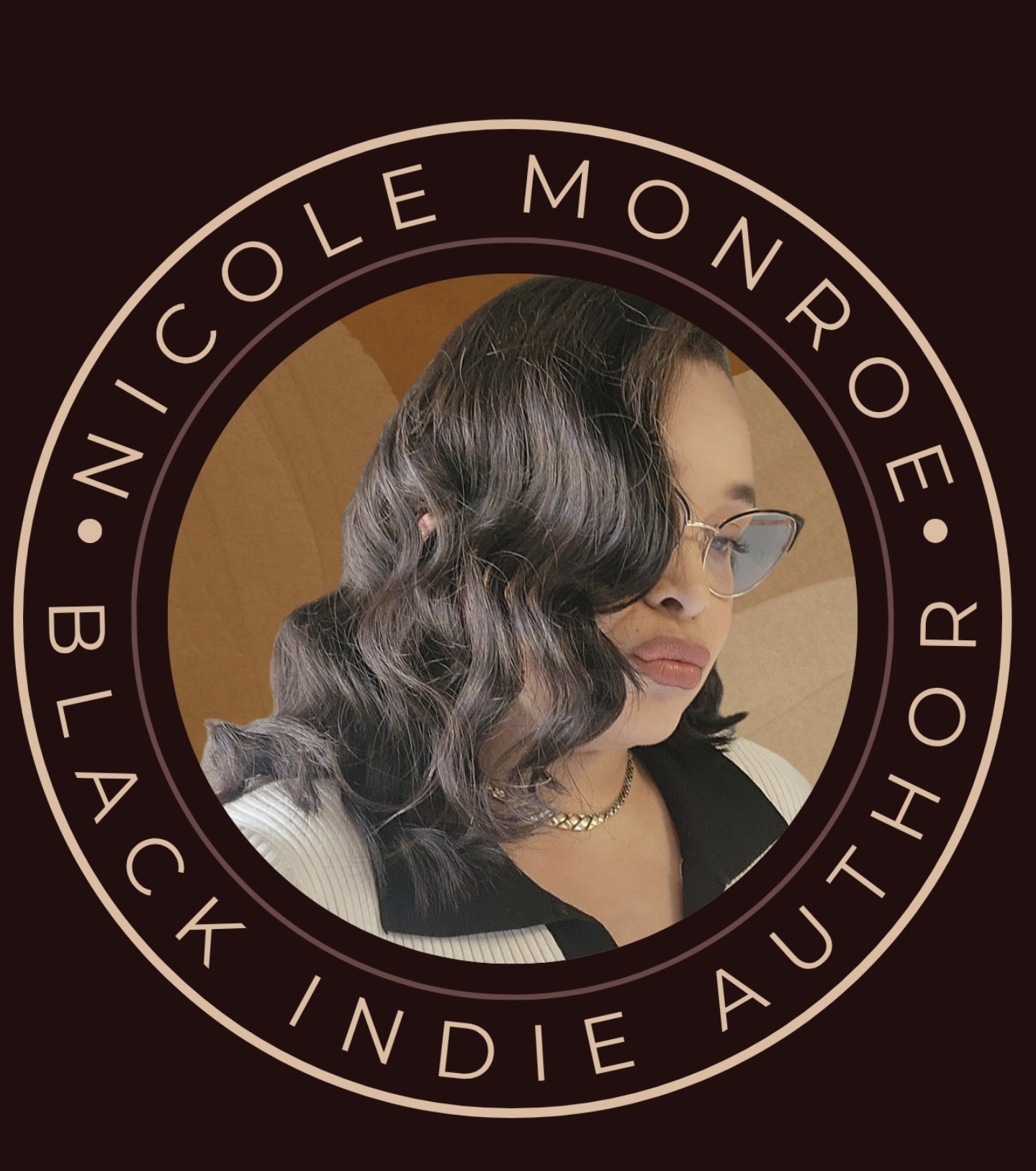 Portrait of a woman with wavy hair, glasses, and a necklace, surrounded by a circular text border.