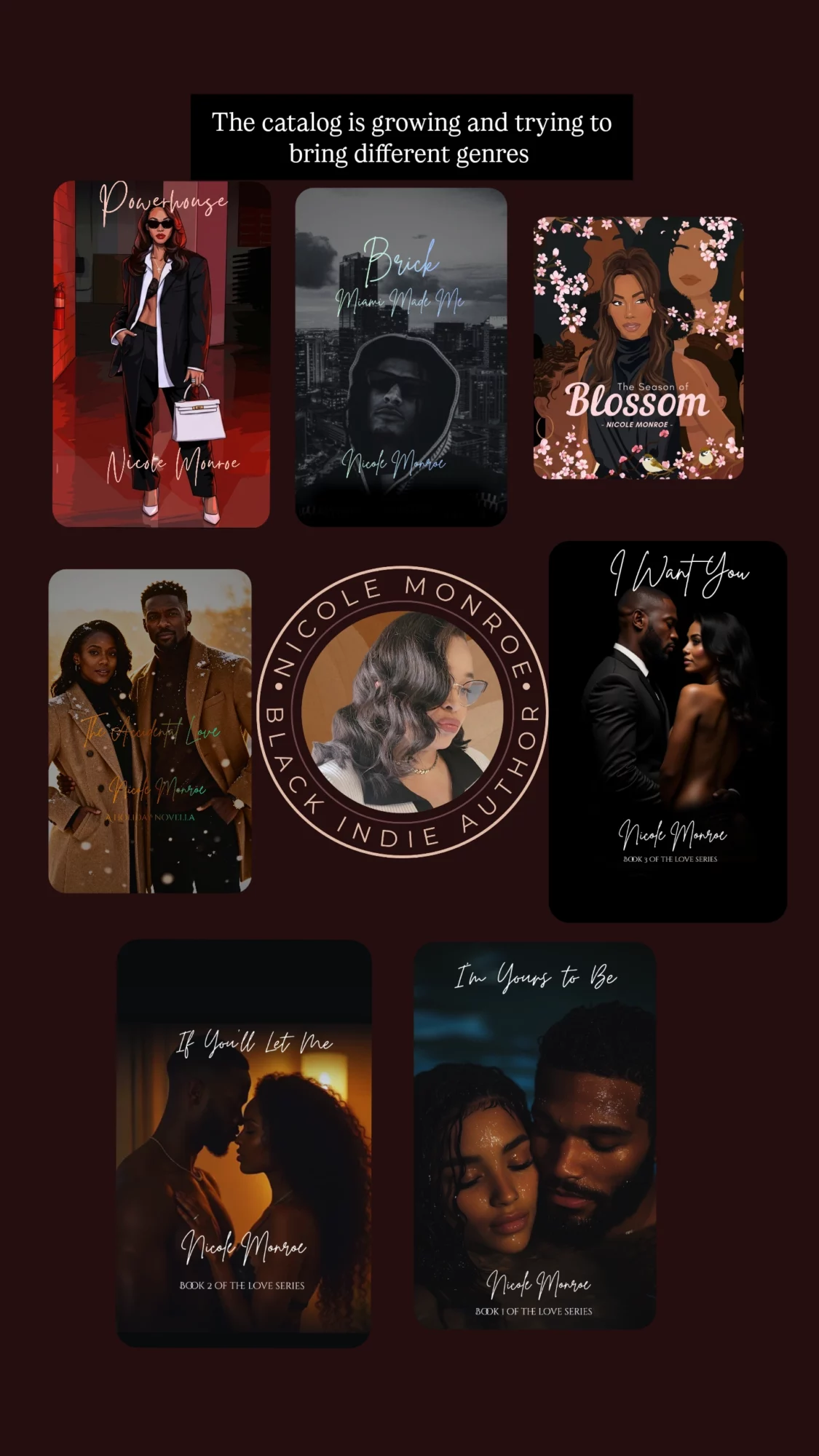 Collection of eight book covers with diverse designs and titles, some featuring people and artistic backgrounds.