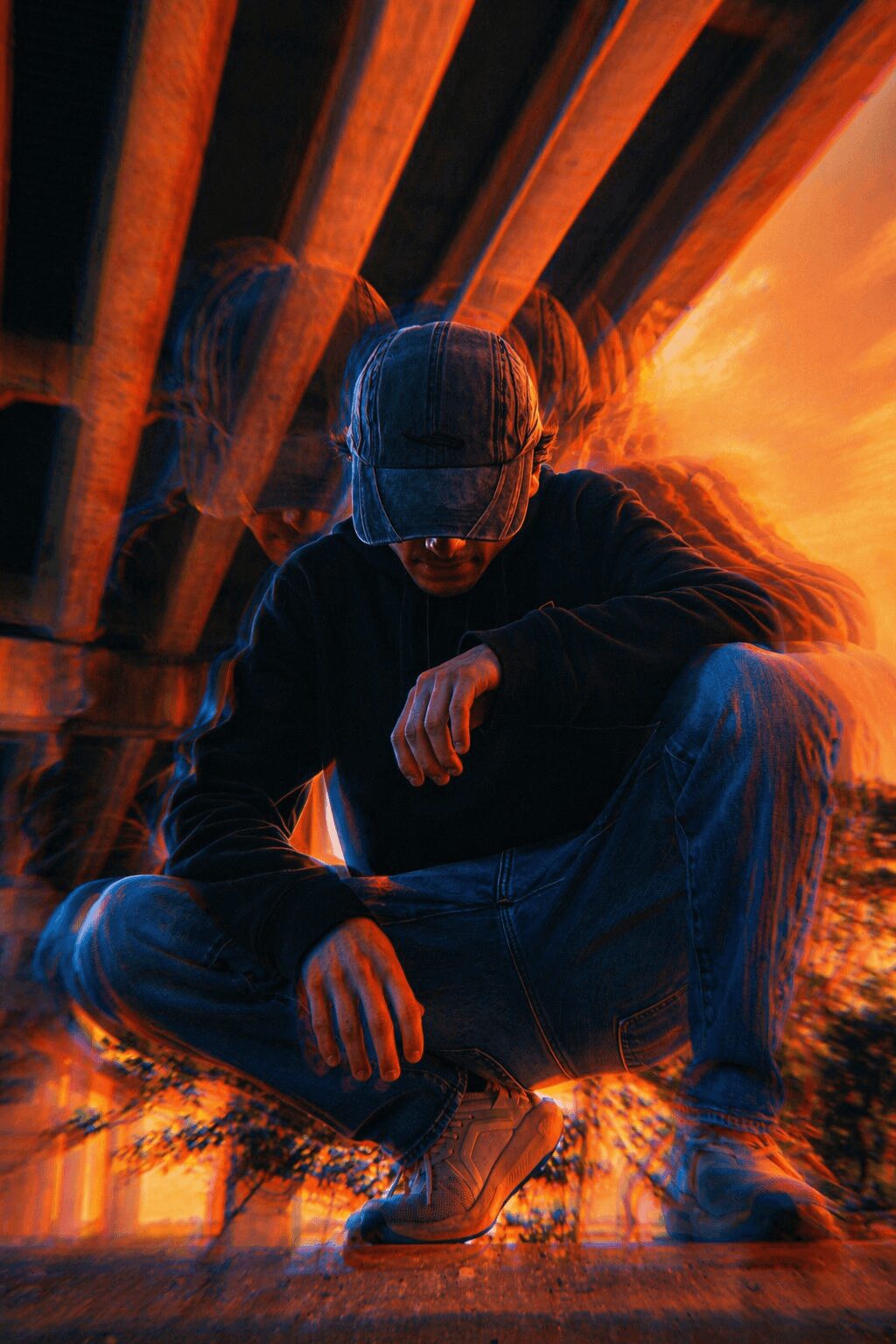 Person crouching outdoors with colorful sunset background and blurred lines, wearing glasses and dark clothing.