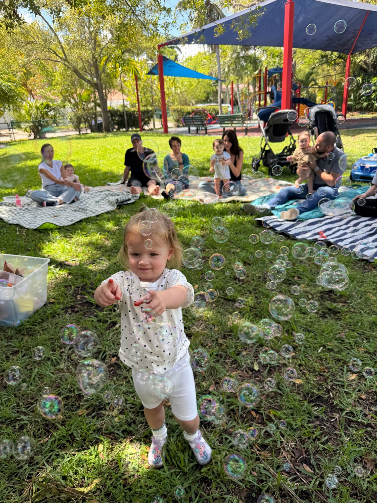Young girl playing with bubbles in a park with people sitting on blankets and a playground in background.
