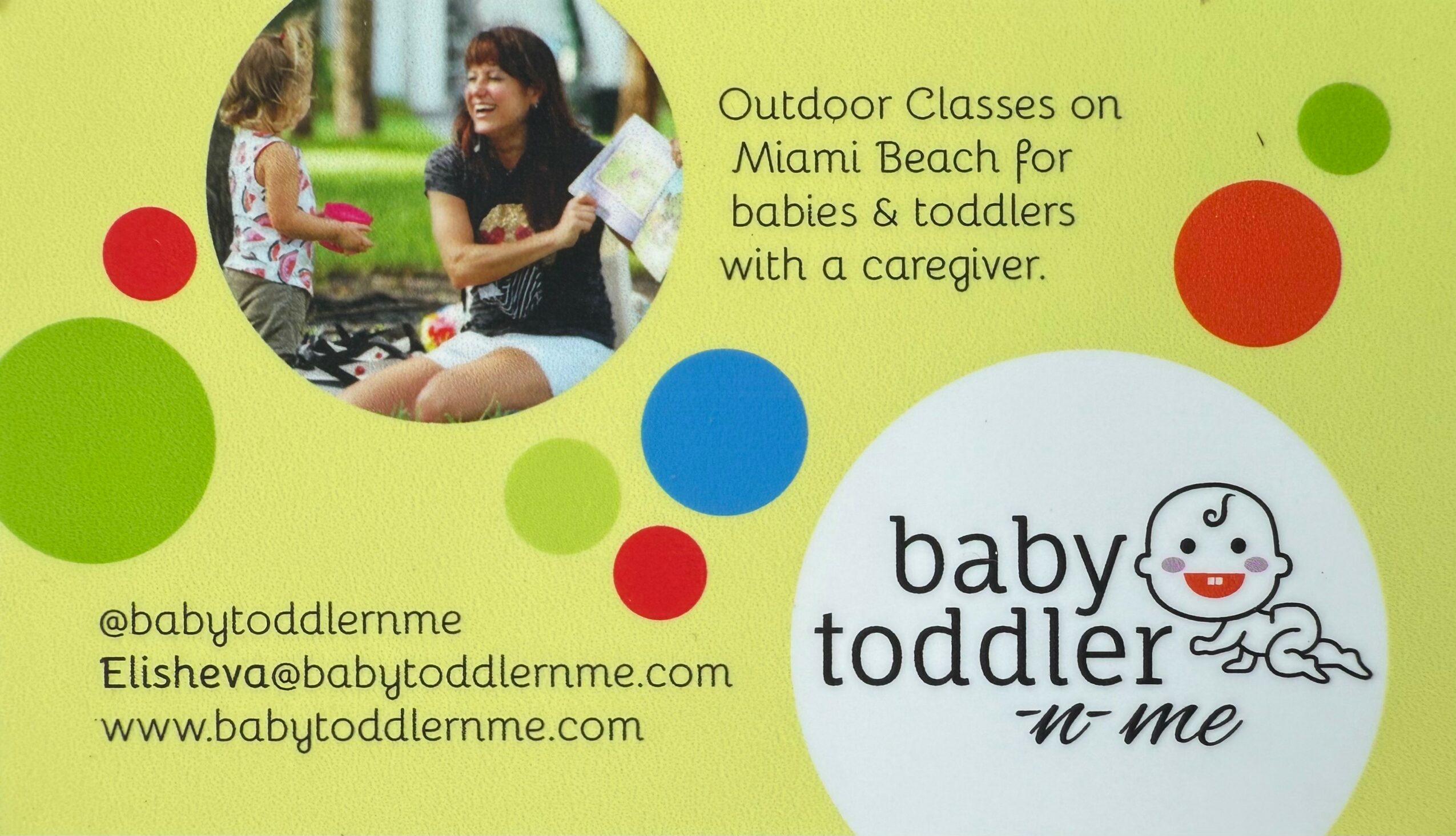 Advertisement for baby and toddler outdoor classes with caregiver, includes a photo of a caregiver and children, and a cartoon baby.