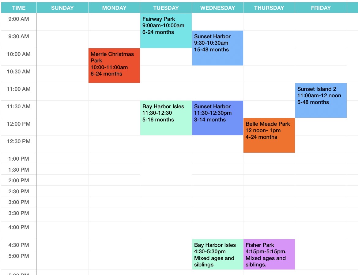 Weekly schedule with various events, including Christmas, storytimes, and park visits, across different days and times.