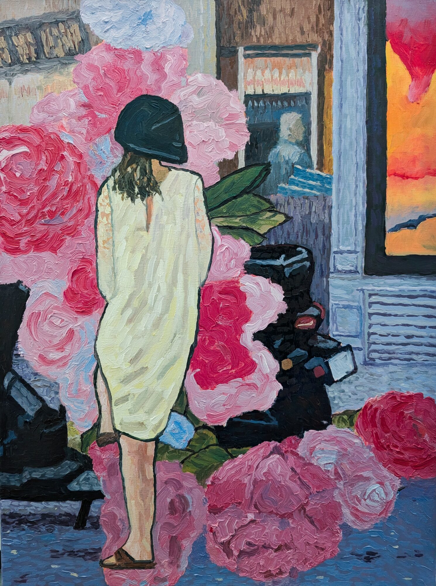 Person in a yellow dress and black hat standing among pink flowers indoors, with a window showing a sunset sky.