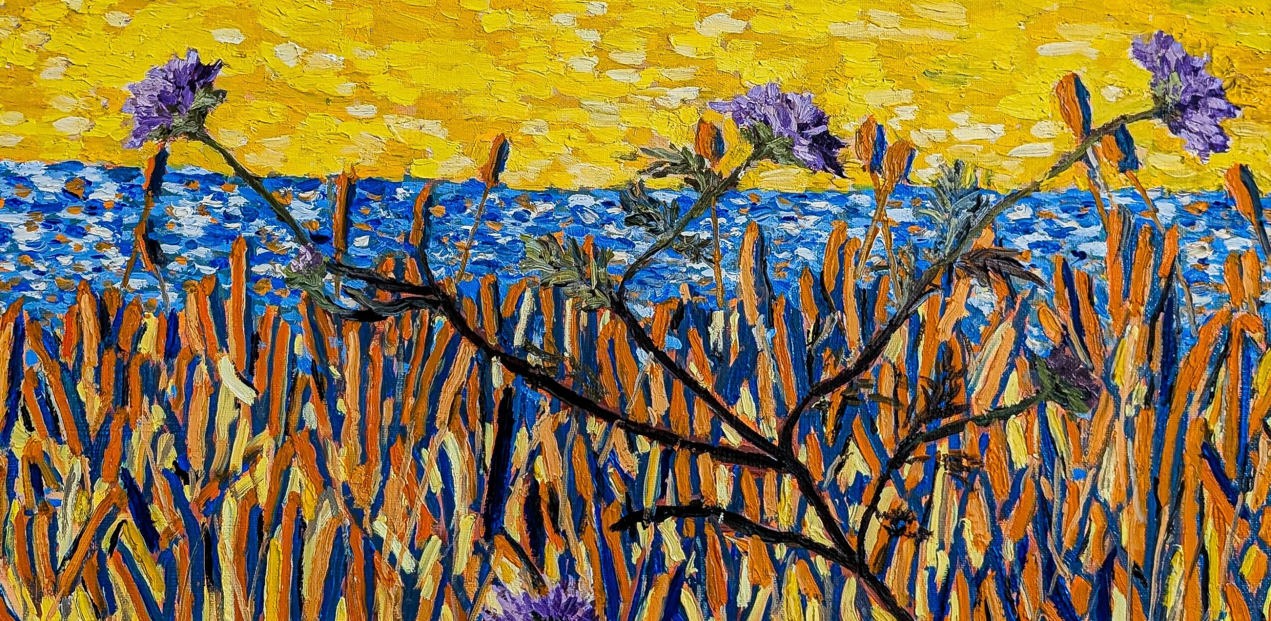 Field of tall grass with purple flowers, blue sky, and yellow background, painted in an impressionist style.