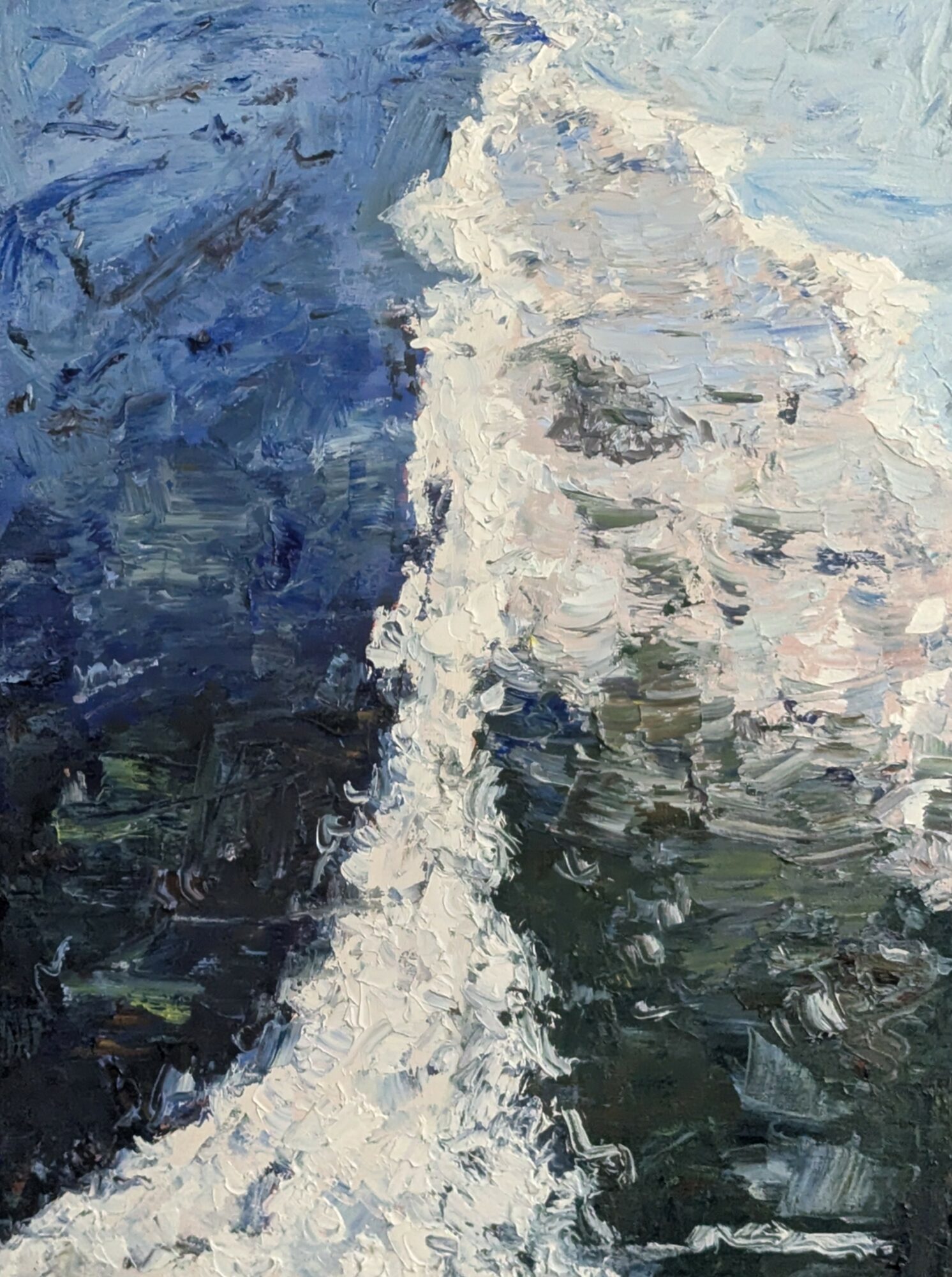 Abstract painting with blue, white, and dark green brushstrokes, creating a textured, flowing composition.