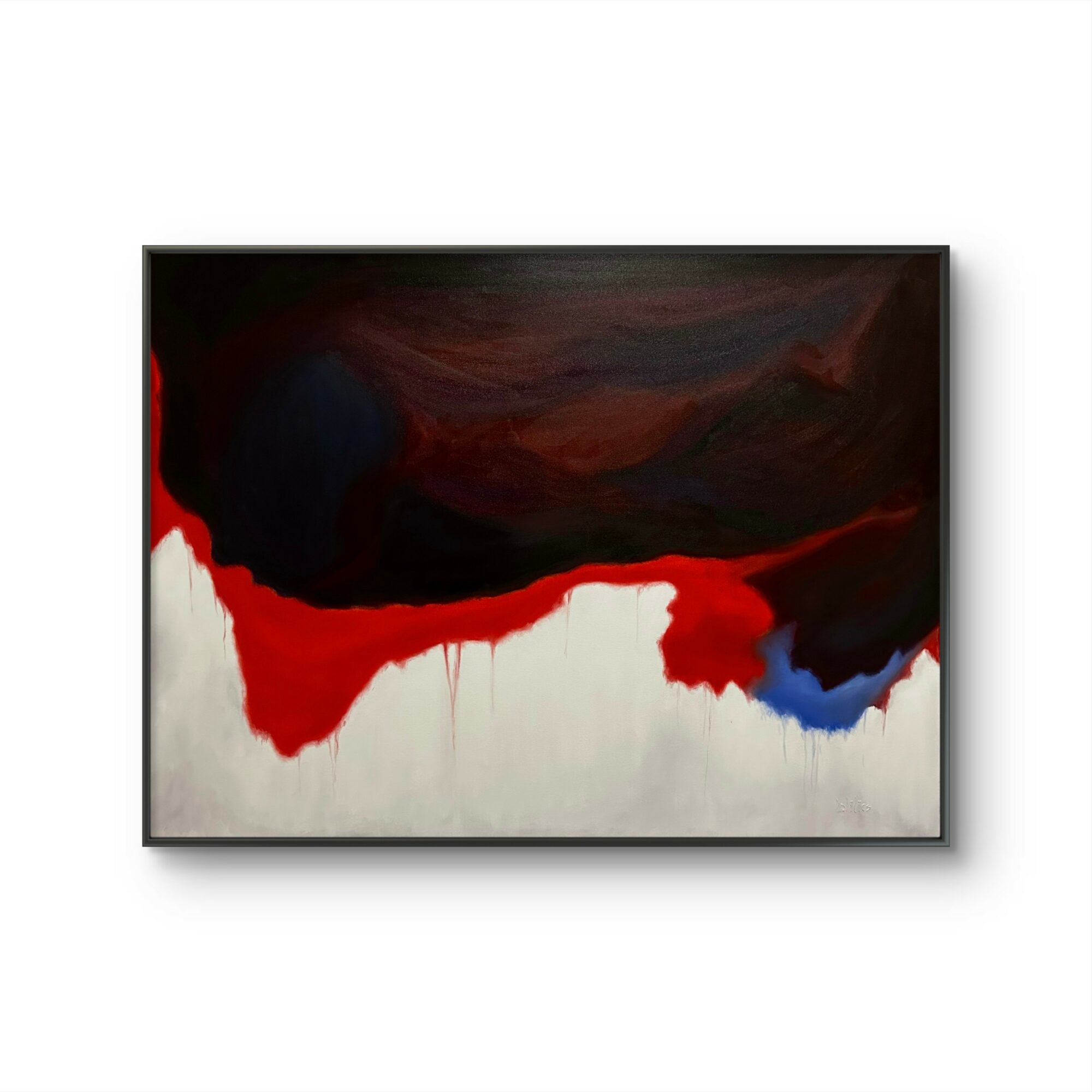 Abstract painting with dark red, black, and blue swirls and drips on a white background.