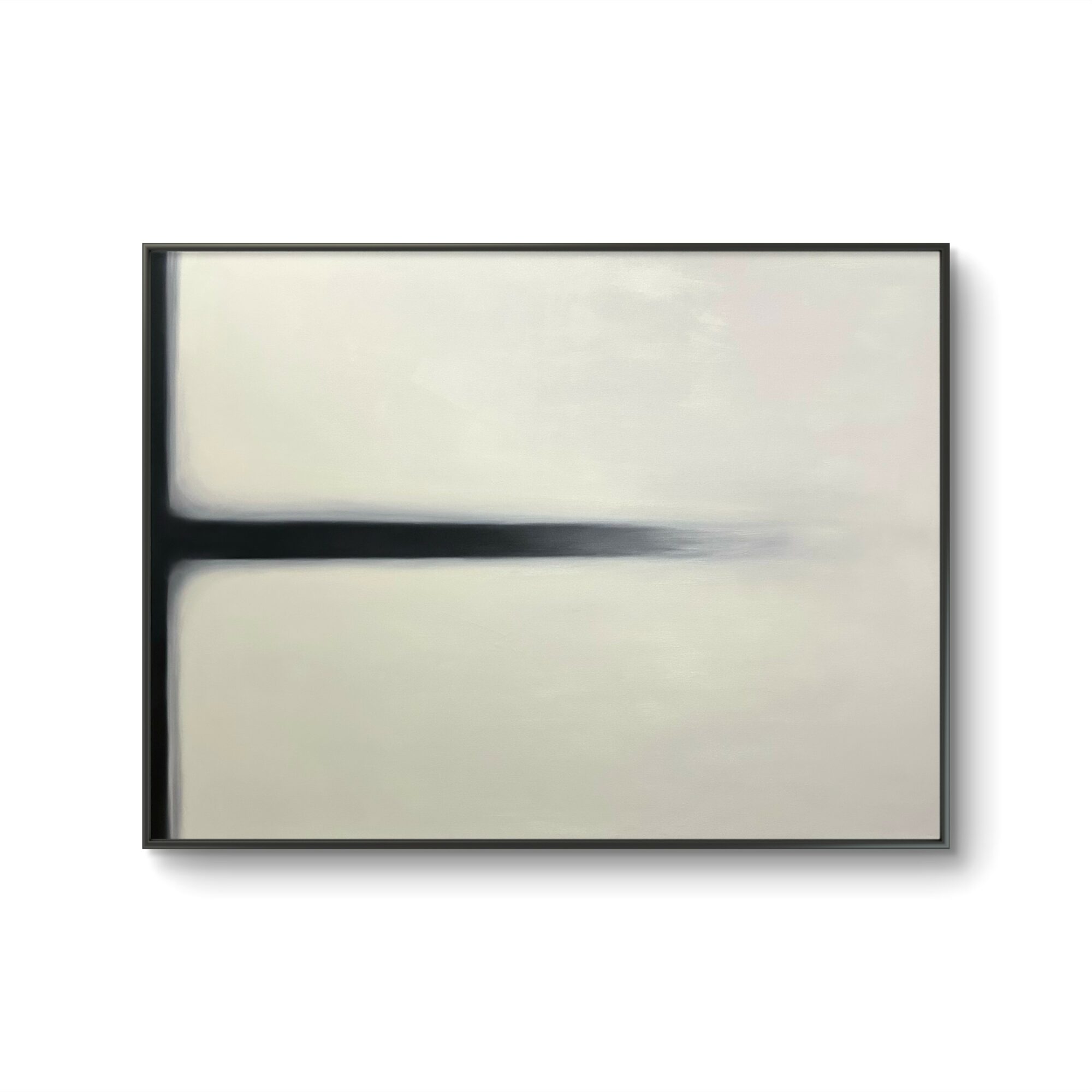 Abstract painting with horizontal black line on light background, framed on white wall.
