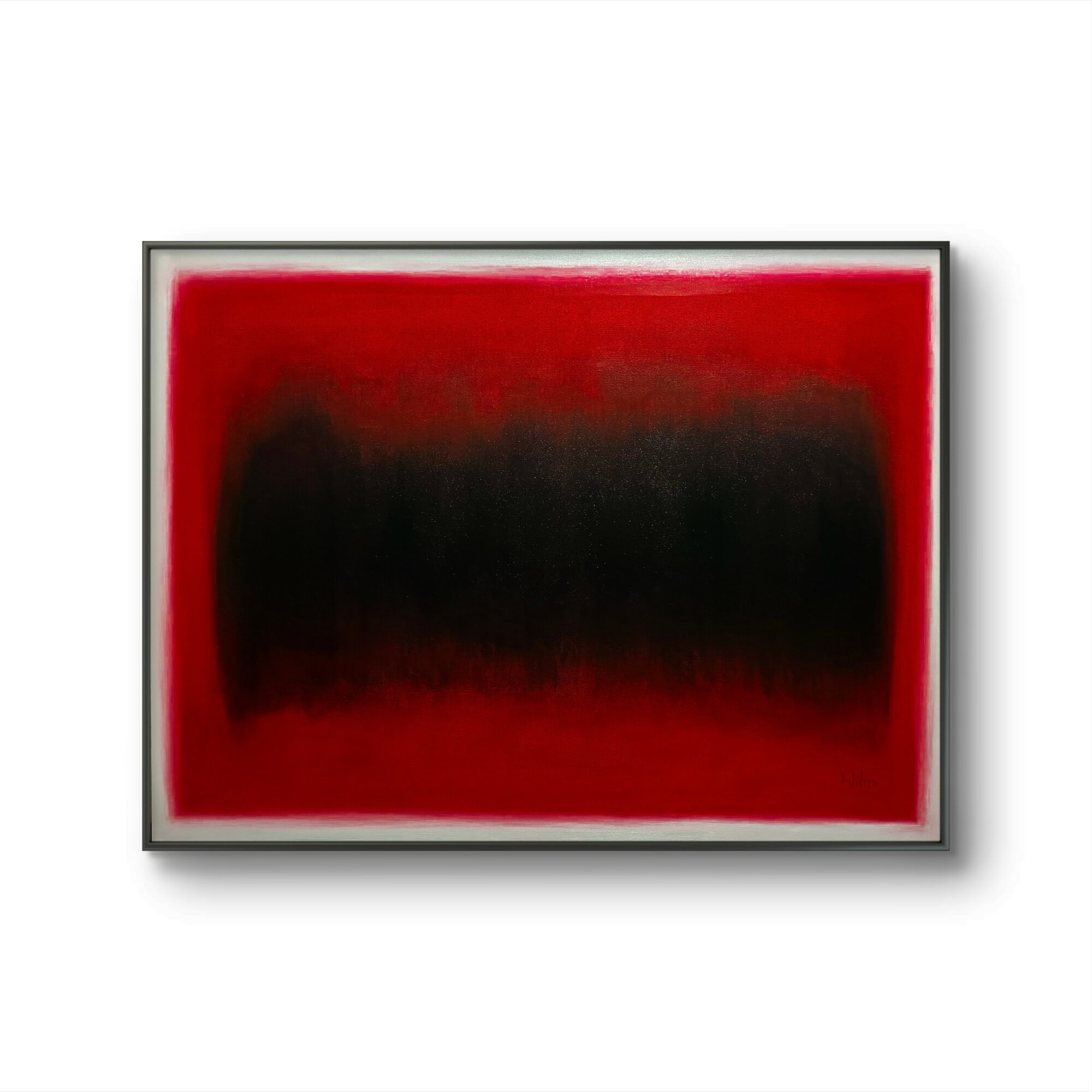 Abstract painting with a red border and a black central area, framed on a white background.