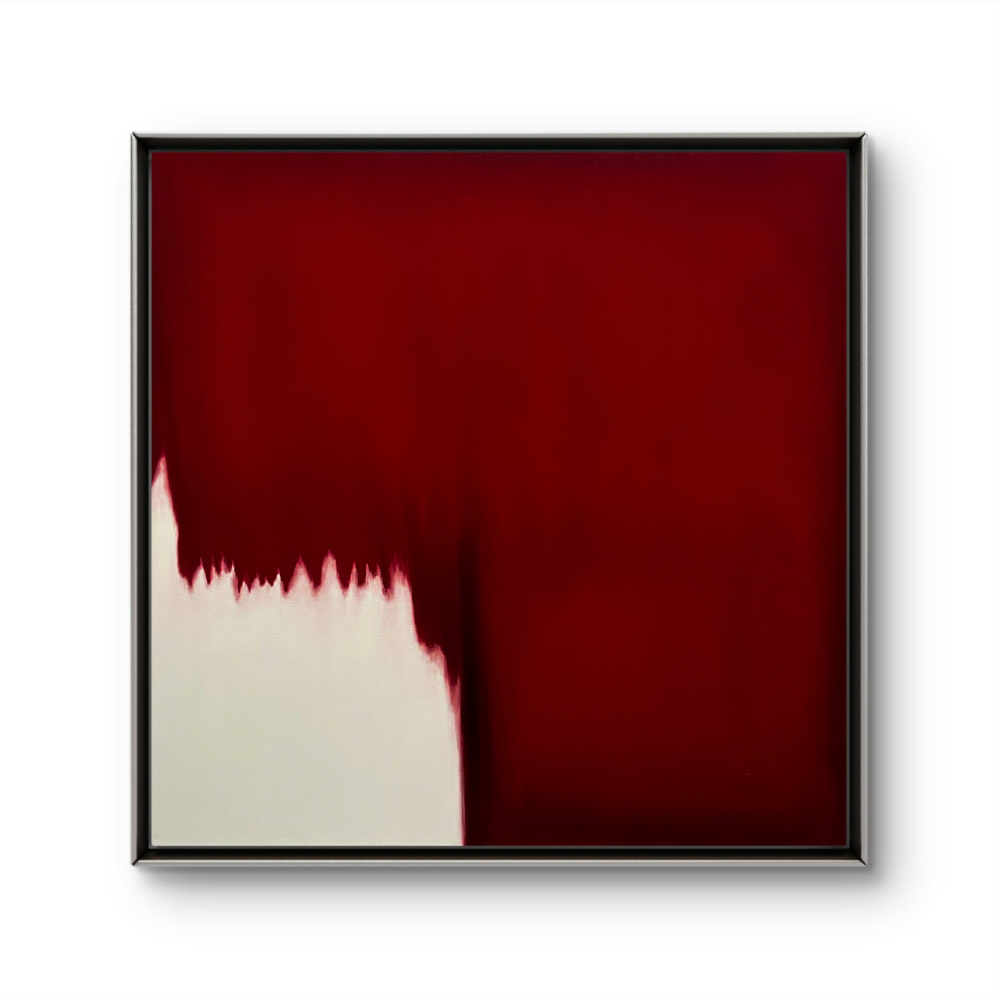 Abstract painting with red and white colors, textured appearance, framed on a white background.