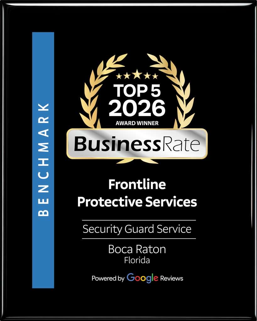 Award plaque with gold laurel wreath, black background, and text for security guard service in Boca Raton, Florida.