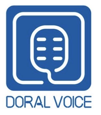 Blue square sign with a white microphone icon and the text 'DORAL VOICE' below.