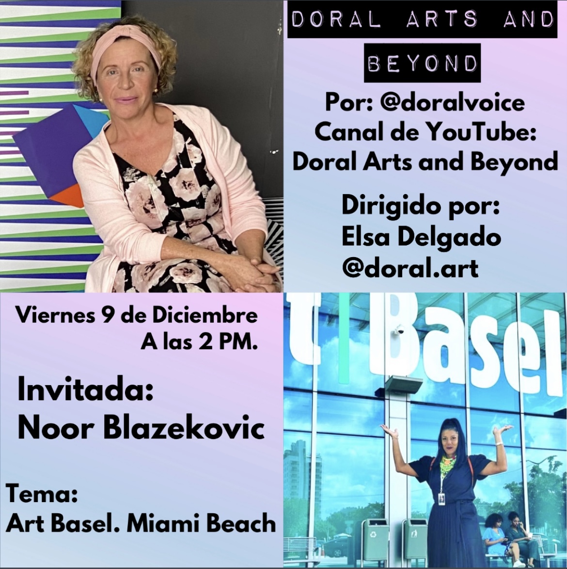 Woman sitting with colorful background and text about Art Basel event in Miami Beach.