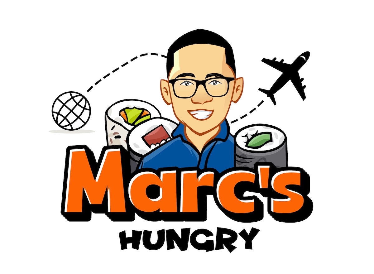 Cartoon man with glasses smiling, surrounded by sushi rolls, with airplane and globe icons above, and text 'Marc's Hungry'.