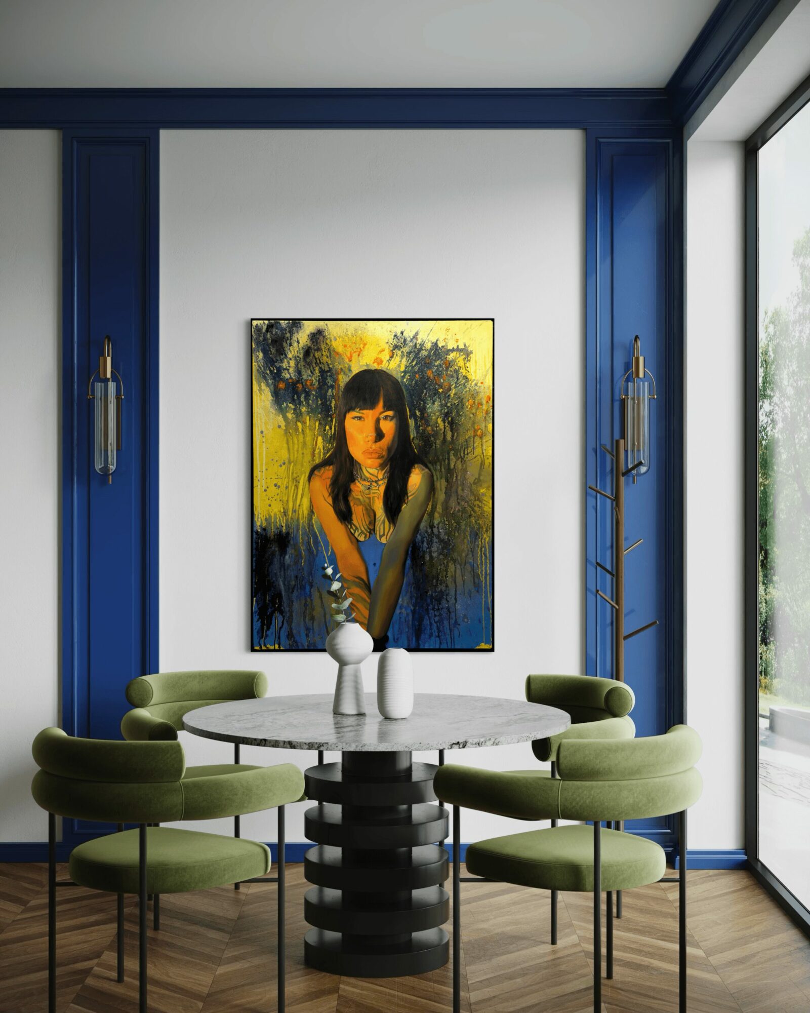 Interior with a round table, six green chairs, a colorful portrait on the wall, and large windows with natural light.