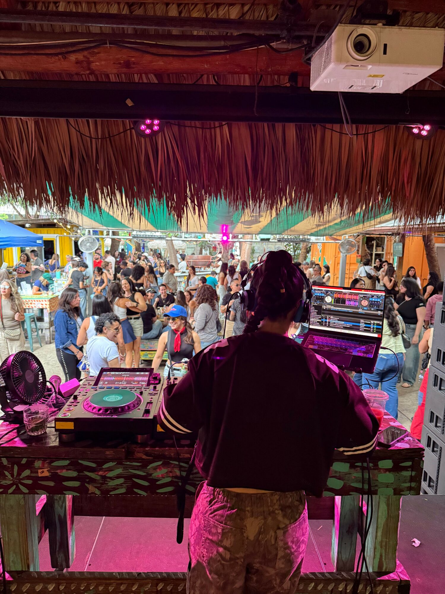 DJ performing at a lively outdoor event with a crowd, colorful decorations, and a thatched roof overhead.