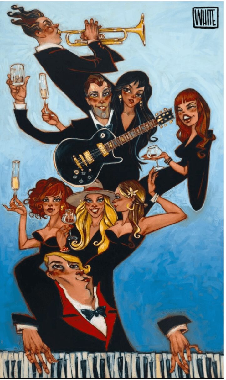 Group of animated characters playing musical instruments and holding drinks, with a piano at the bottom and a blue background.