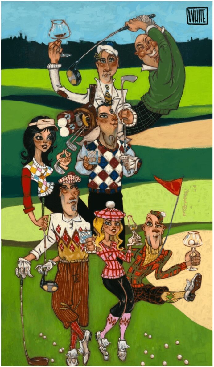 Group of seven cartoon characters outdoors, holding drinks and playing golf, with a green landscape background.