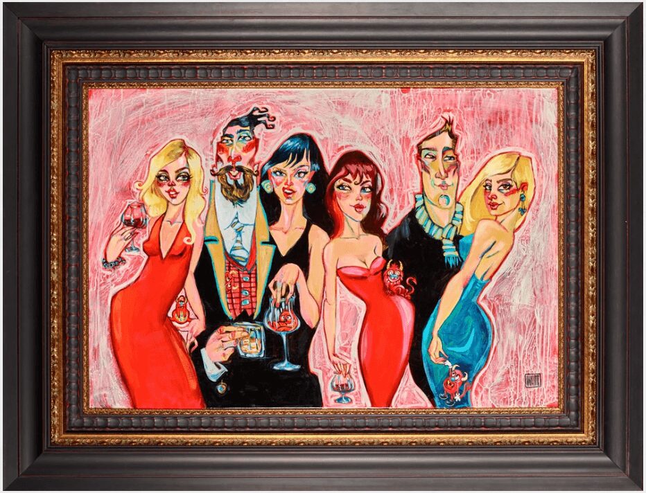 Six people in colorful dresses and suits, standing together against a pink background, holding drinks.