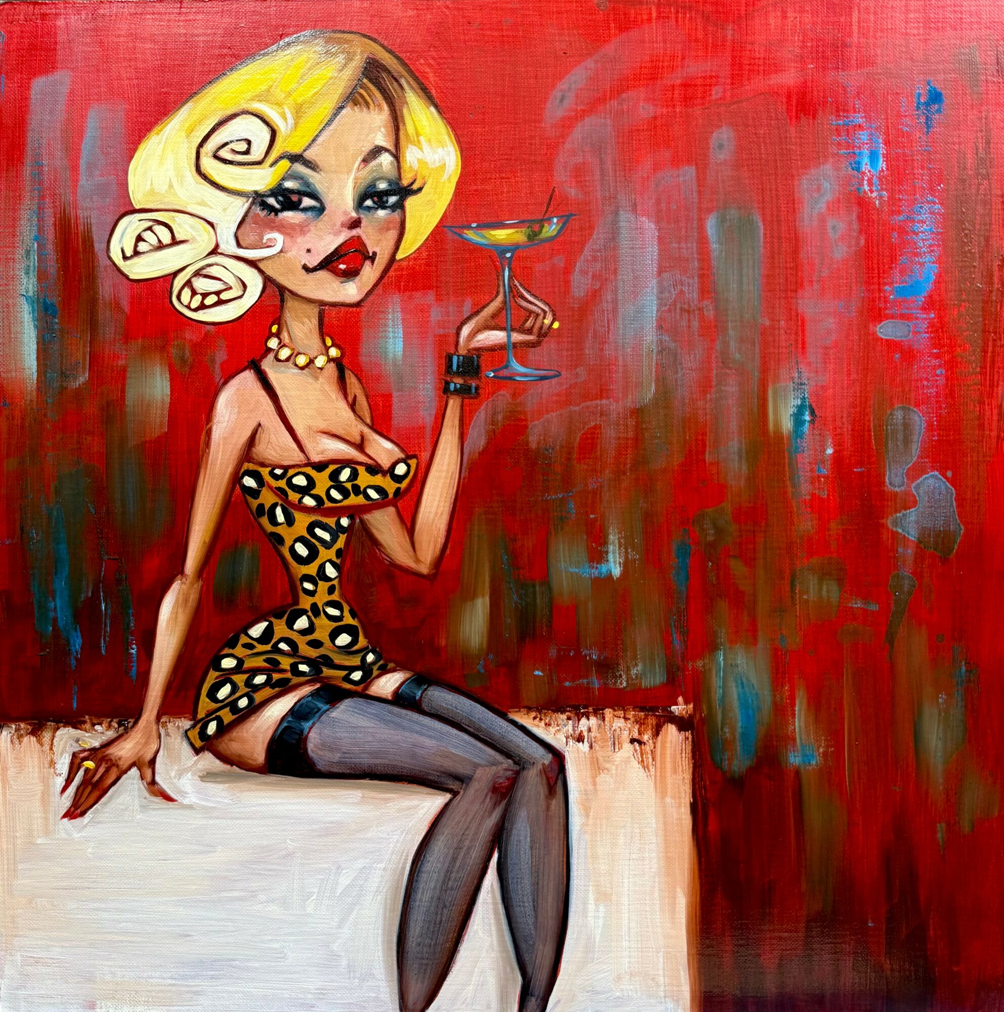 Cartoon woman with blonde hair, leopard dress, black stockings, holding a cocktail glass, sitting on a white surface against a red background.