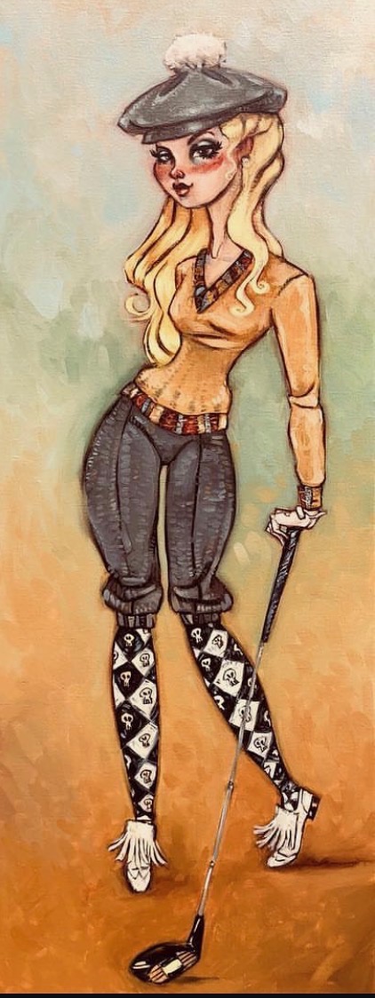 Stylized illustration of a woman in vintage attire holding a golf club, wearing a hat, patterned tights, and high heels.