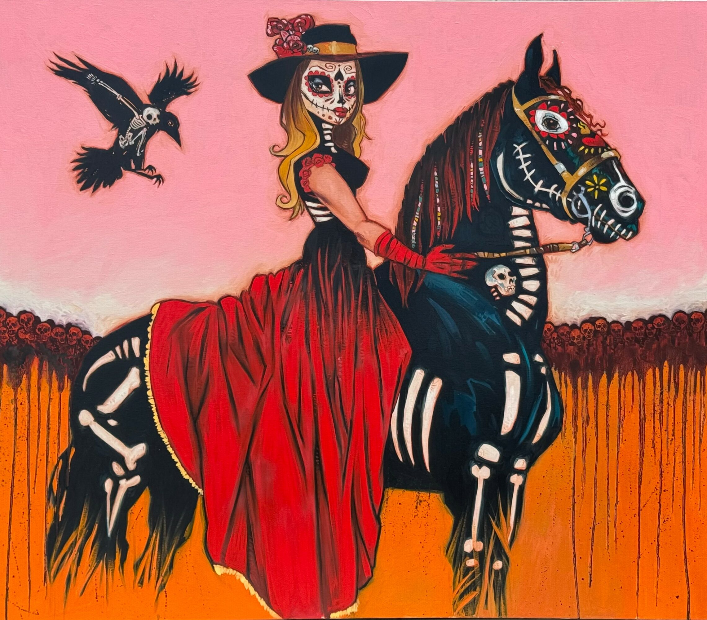 Woman in a red dress and hat riding a skeleton horse with Day of the Dead face paint, flying bird nearby, pink sky.