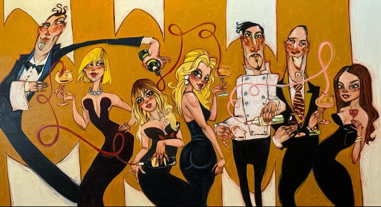 Group of seven stylish people with drinks, posing against a colorful background, with swirling lines and expressive faces.