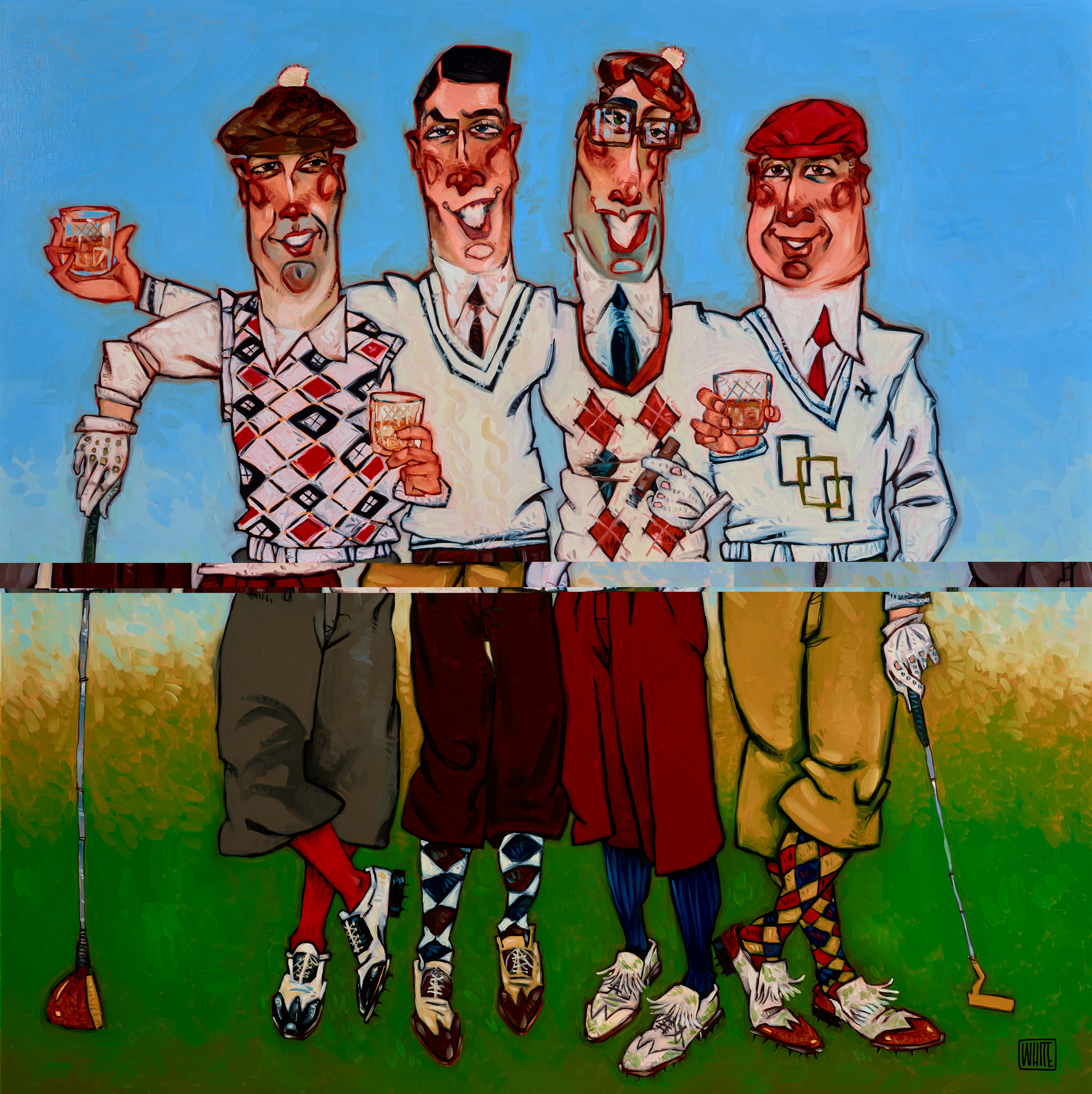 Four caricatured men in golf attire holding drinks, standing outdoors with golf clubs, colorful socks, and a blue sky background.