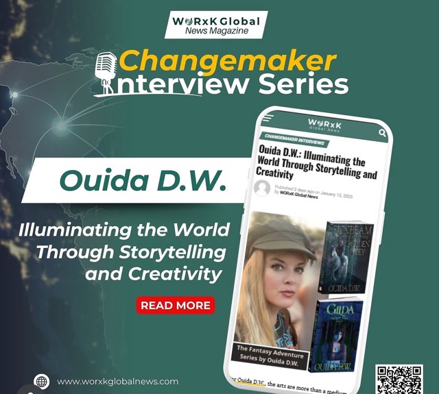 Promotional graphic for Changemaker Interview Series featuring Ouida D.W. and storytelling theme.