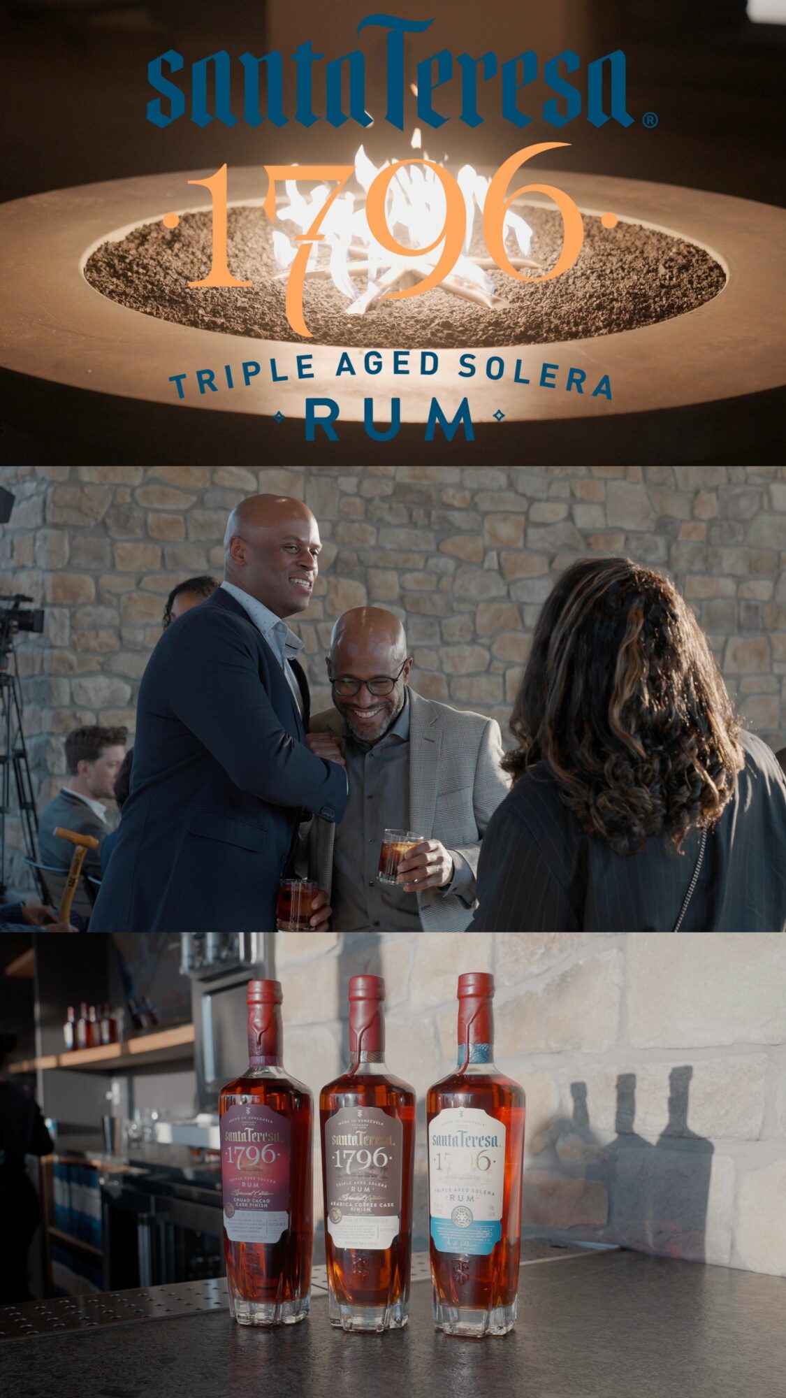 Three people at a bar with bottles of rum, a large bowl with a fire feature above, and a stone wall background.