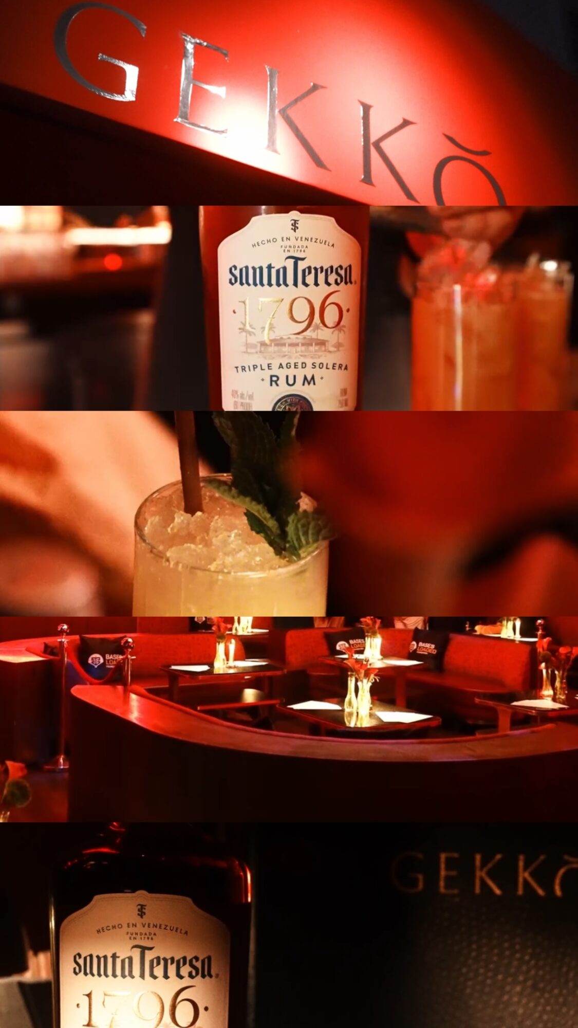 Bar with illuminated sign, cocktail glass with garnish, seating area with tables, and a bottle of rum.