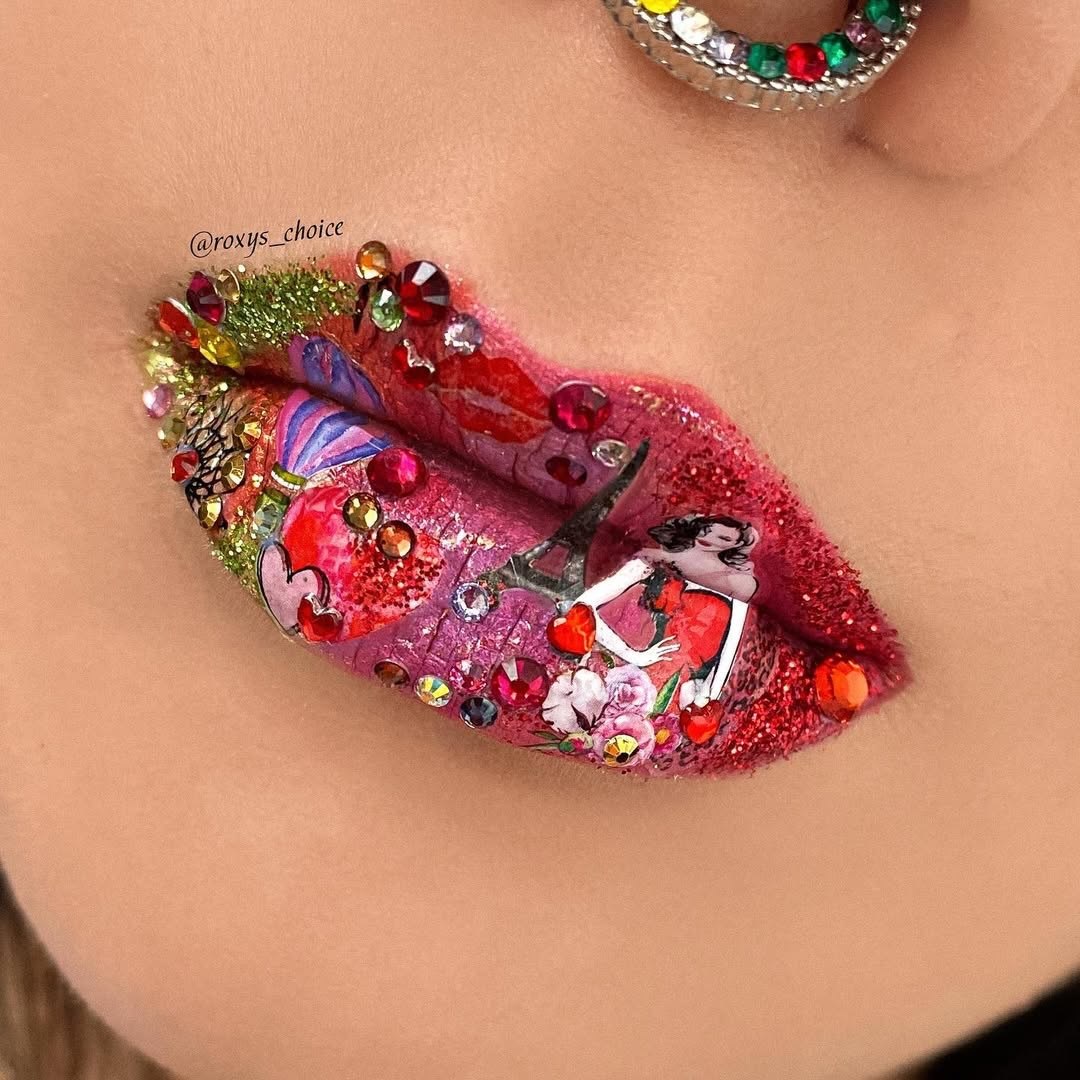 Close-up of lips with colorful, decorated lipstick and rhinestones, showing detailed makeup and embellishments.