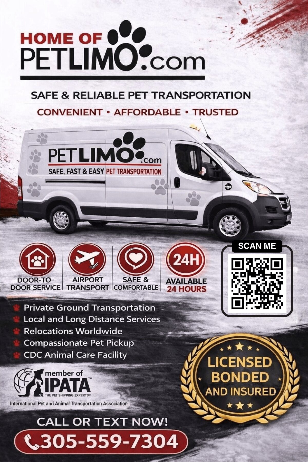 White pet transportation van with PETLIMO.com logo and contact information, parked against a brick wall background.