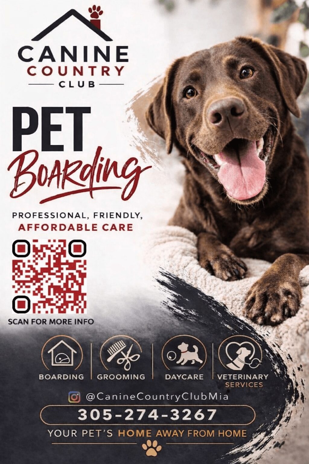 Happy brown puppy lying down, smiling, with text about pet boarding services and contact information.