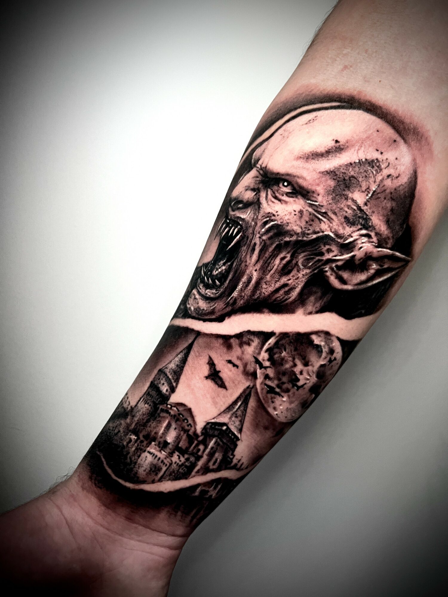 Tattoo of a snarling wolf's head, a skull, bats, and a landscape scene on a person's forearm.