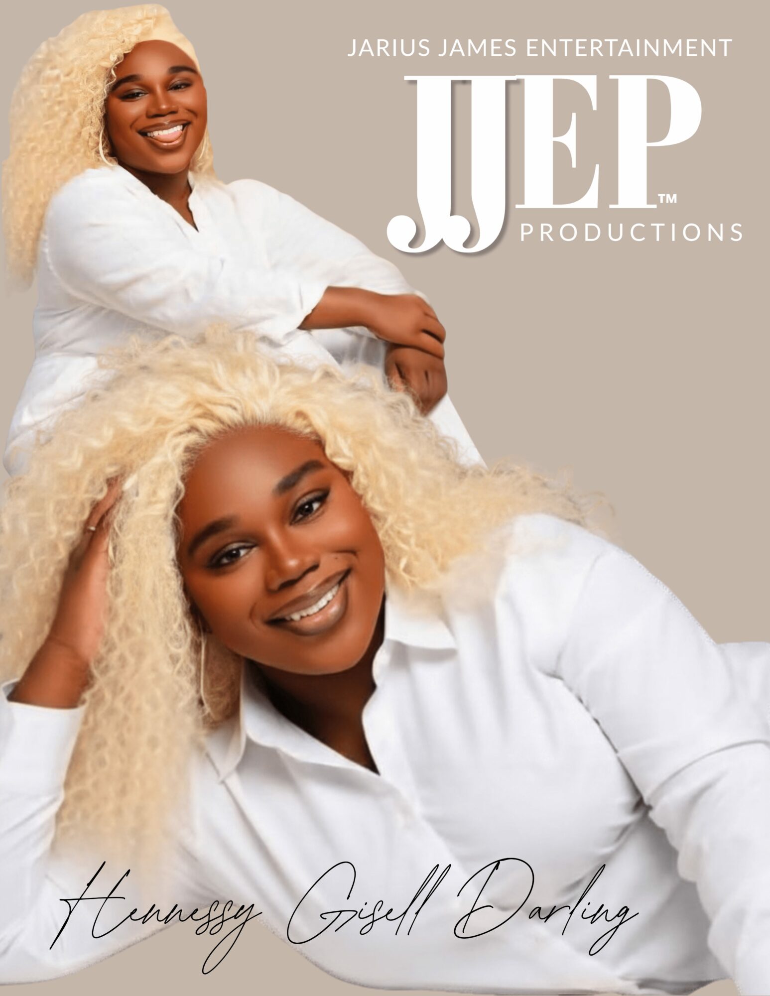 Two smiling women with blonde hair wearing white clothing, one sitting and one standing, against a beige background.