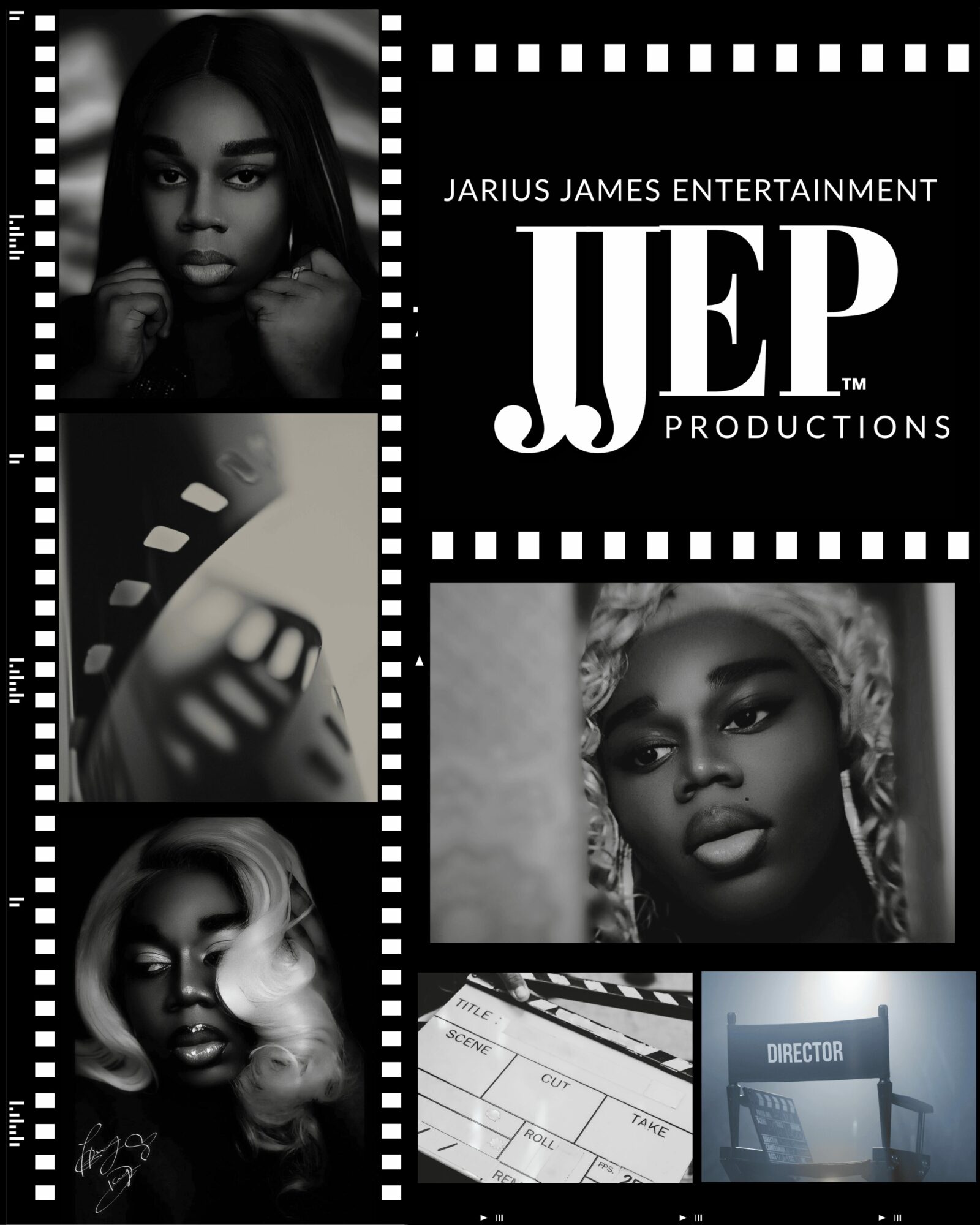Collage of black and white photos of women, film clapperboard, and a director's monitor, with text about Jarius James Entertainment.