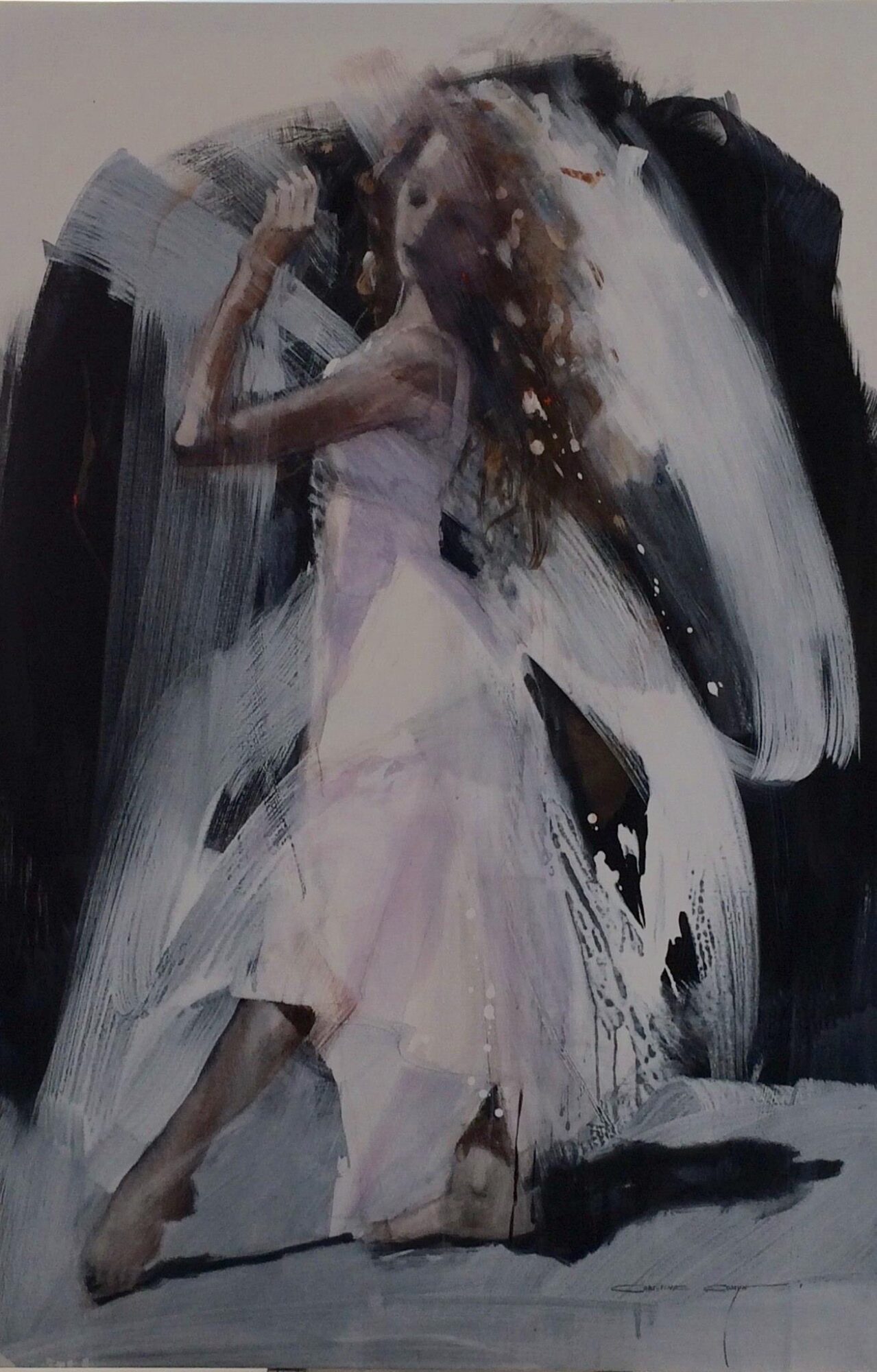 Abstract painting of a woman in a light dress, with flowing hair, standing against dark background.