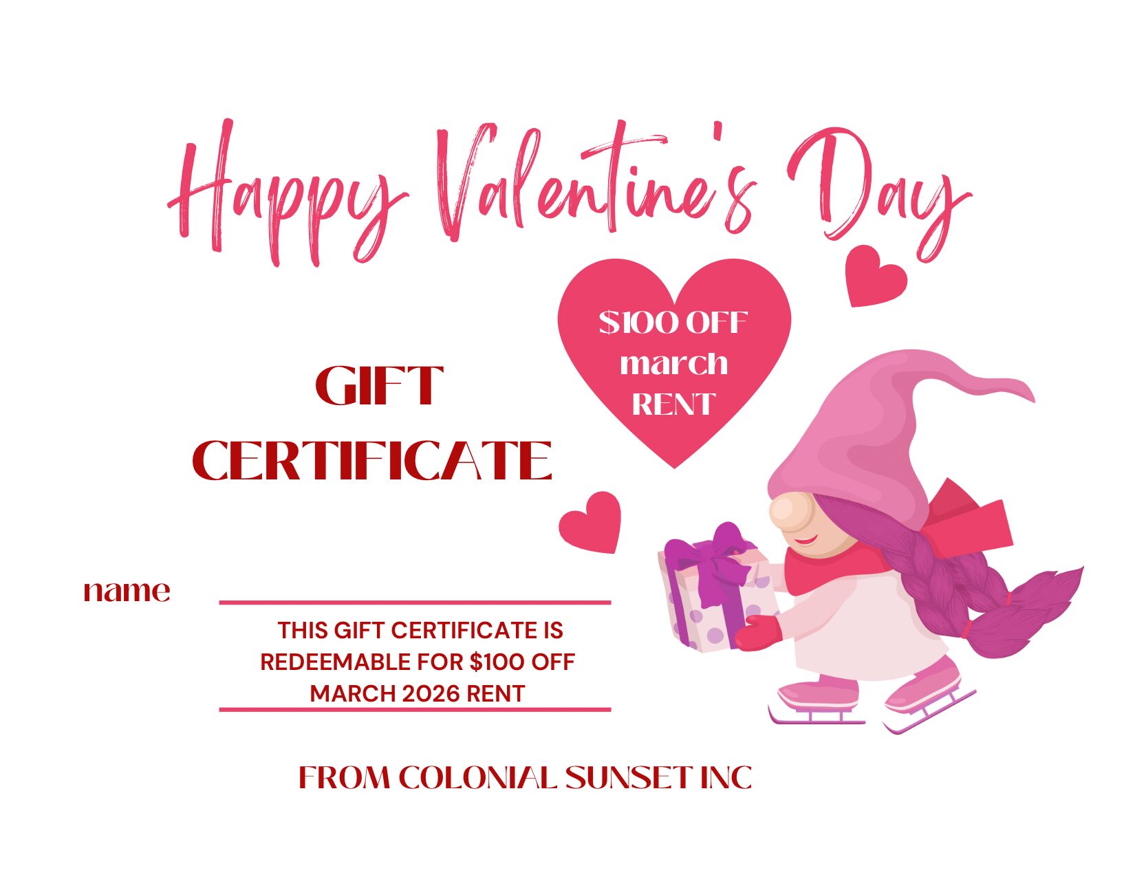 Valentine's Day themed gift certificate with a girl skating, holding a gift, and hearts, including text about discounts and redemption.