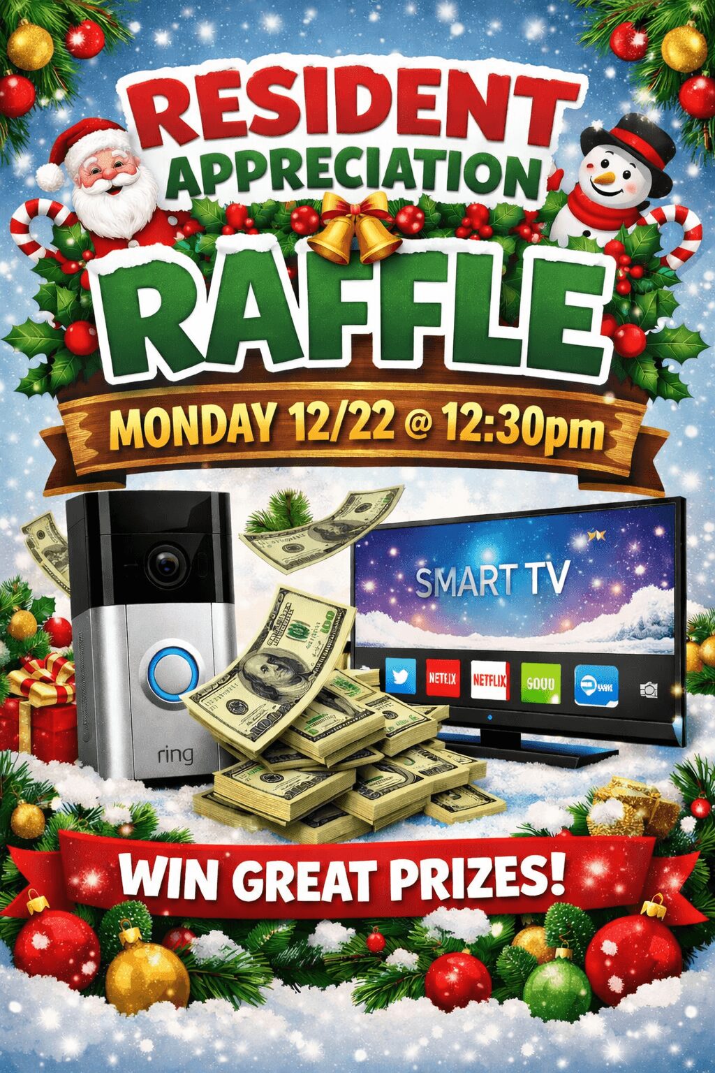 Festive flyer promoting resident appreciation raffle with Santa, snowman, Christmas decorations, TV, and cash prizes.